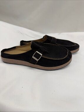 Black Suede Slip-On Mule with Buckle